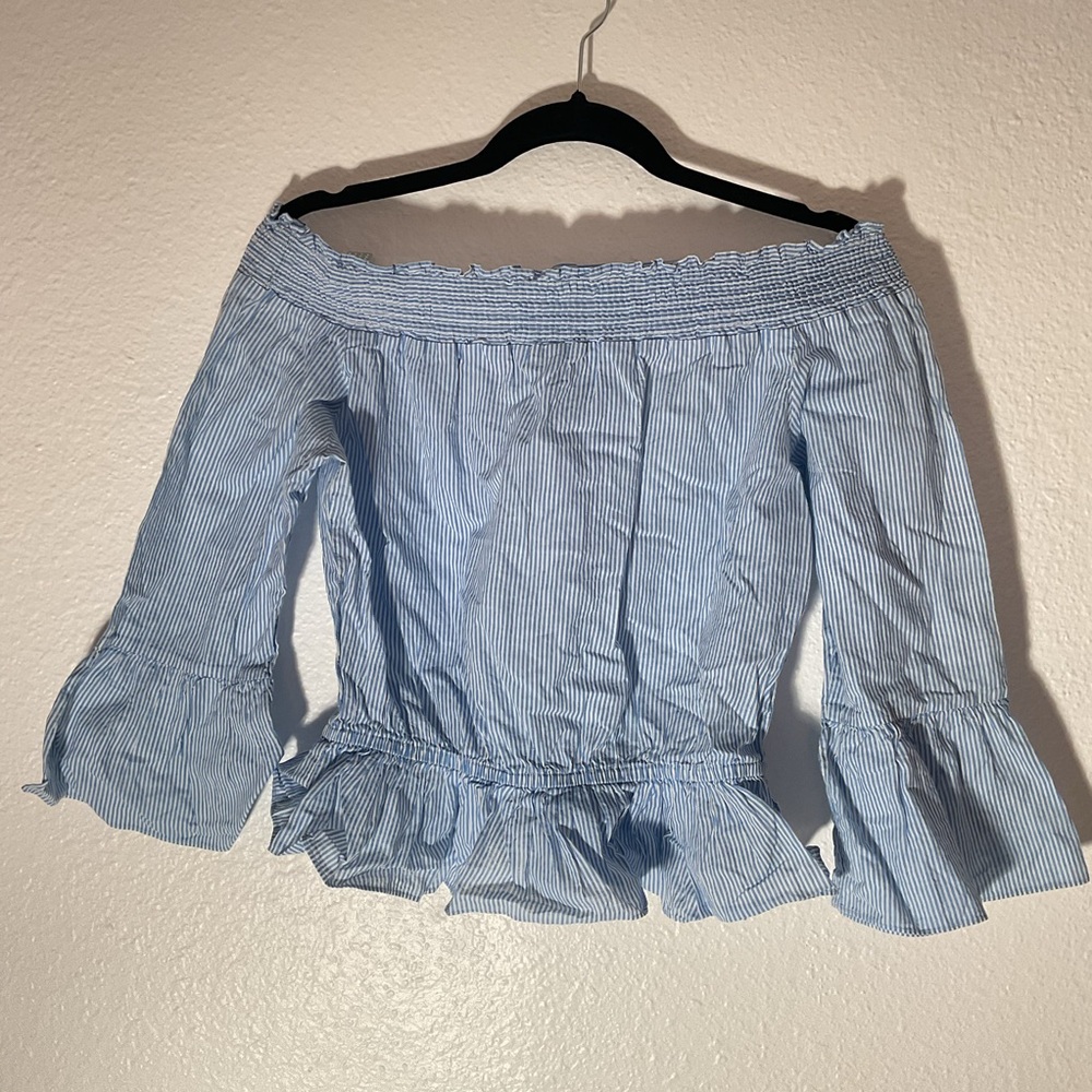 Blue and white striped smocked long sleeve blouse with bell sleeves Size MEDIUM